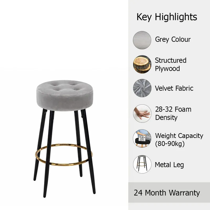 Grey round bar stool on white background with feature icons beside it