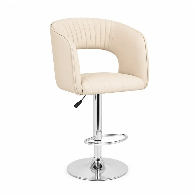 Angled view of off white upholstered bar chair with curved back and chrome base