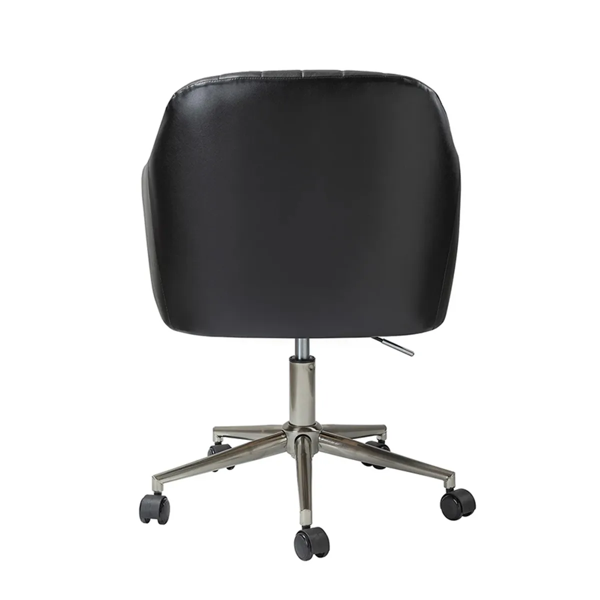Rear view of the black office chair showing its smooth back and metal castor base.