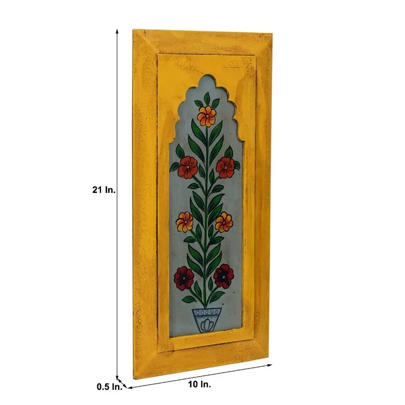 Yellow rectangular wall accent with floral design and visible size markings