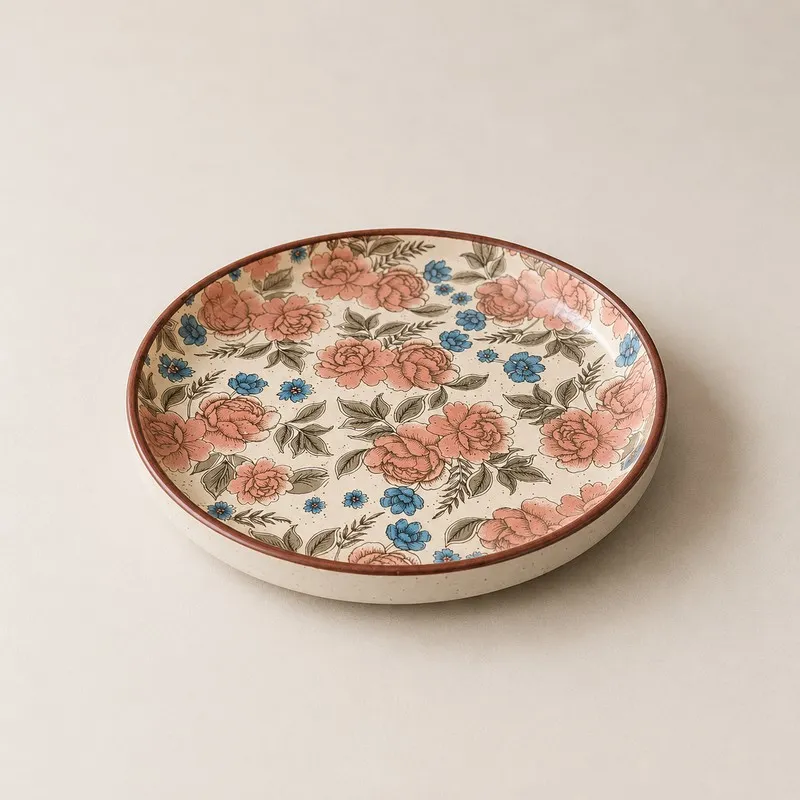 Top view of round floral quarter plate with pink and blue flowers