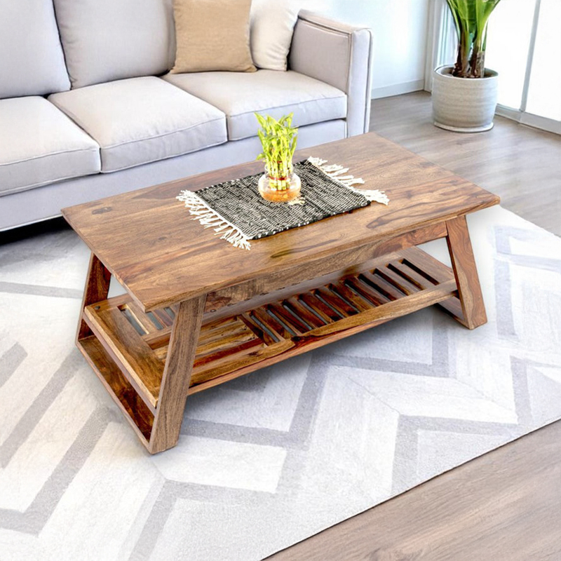 Azvino Sheesham Wooden Center Table - Light Brown