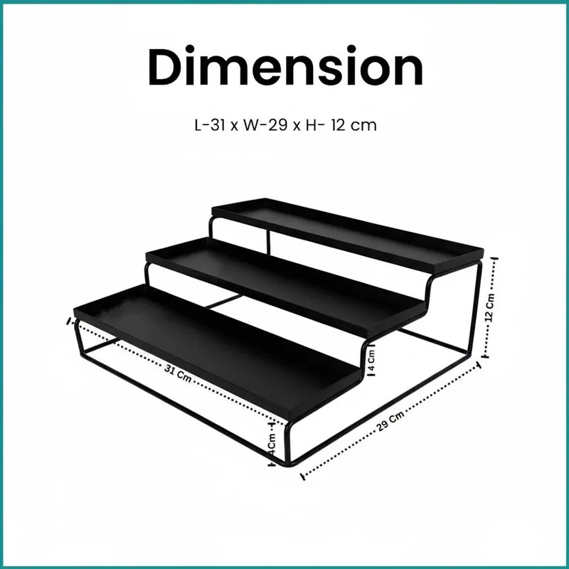Black tiered metal organiser shown from the front on a plain background.