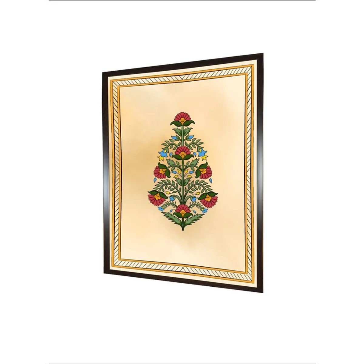 Angled view of rectangular framed floral canvas wall painting