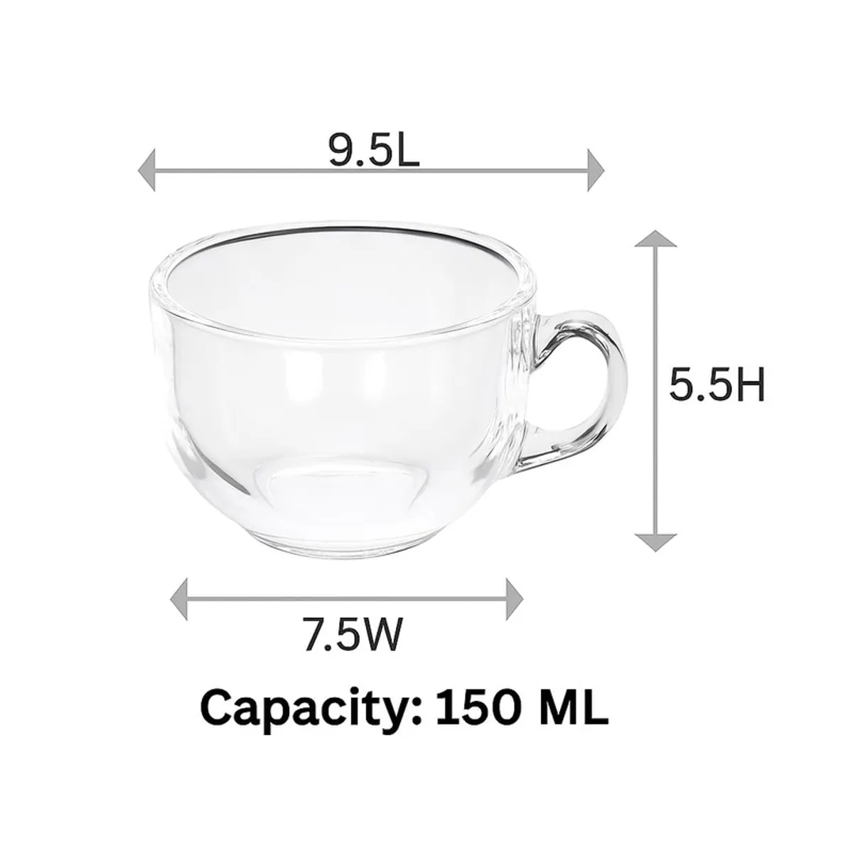 Transparent glass tea cup shown with visible length, breadth and height markers
