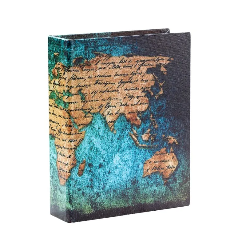 Closed rectangular storage box showing a vintage world map cover