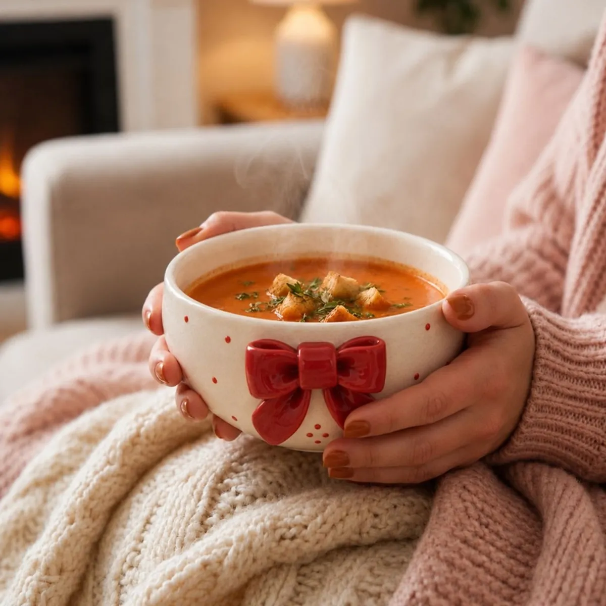 Ceramic bowl filled with soup, held in both hands in a cosy setting.