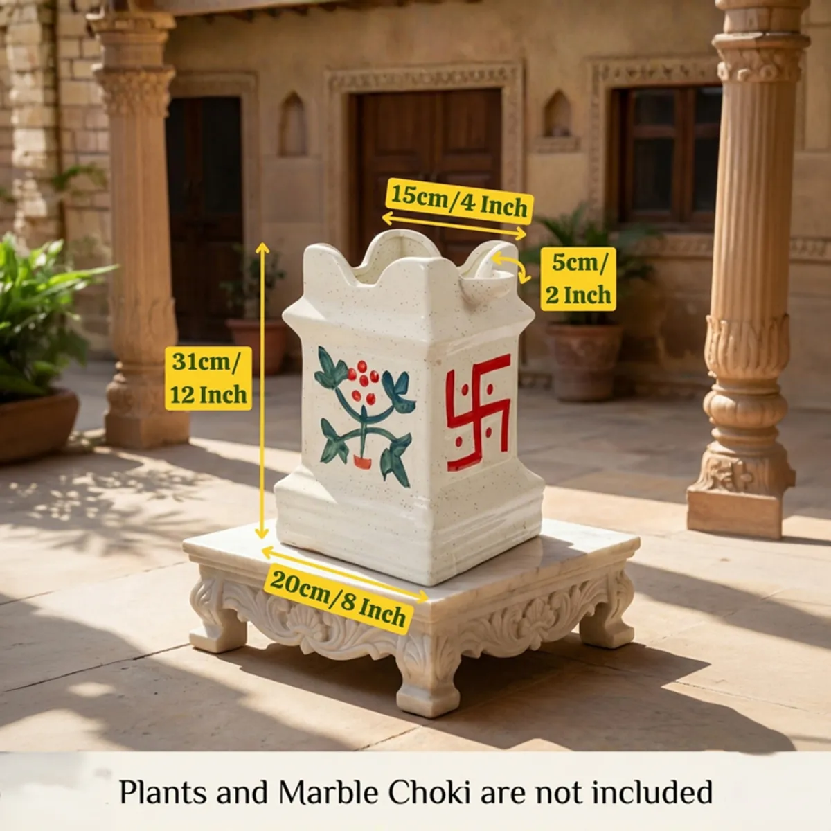 White ceramic planter shown with visible height and width measurement markings