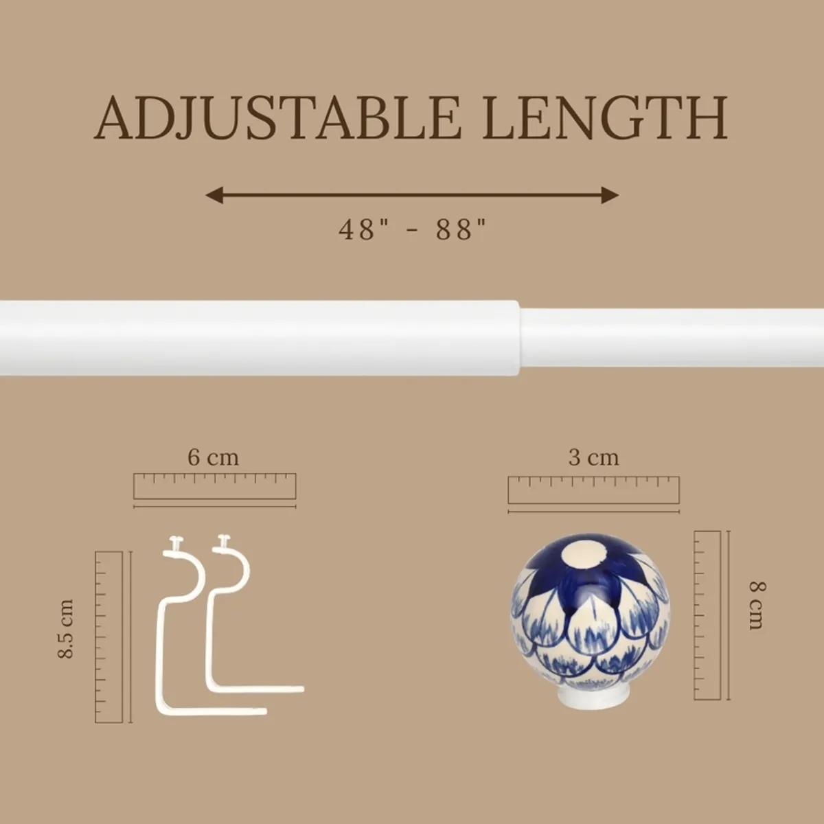 Extendable white curtain rod with blue floral finial shown in a size graphic
