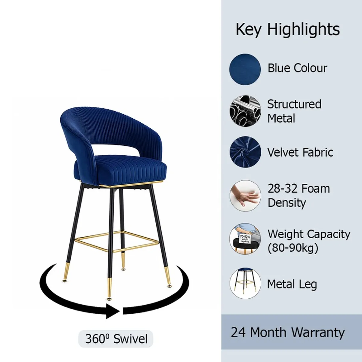 Blue velvet bar stool shown with visible design and feature callouts