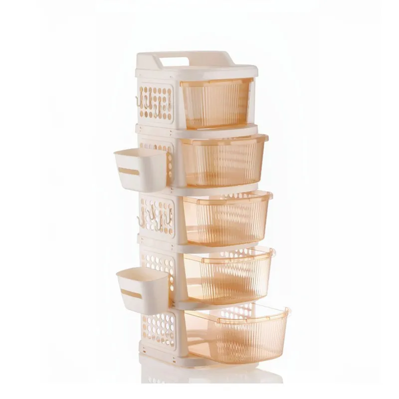 Ivory five-tier rack with translucent empty drawers and detachable side basket
