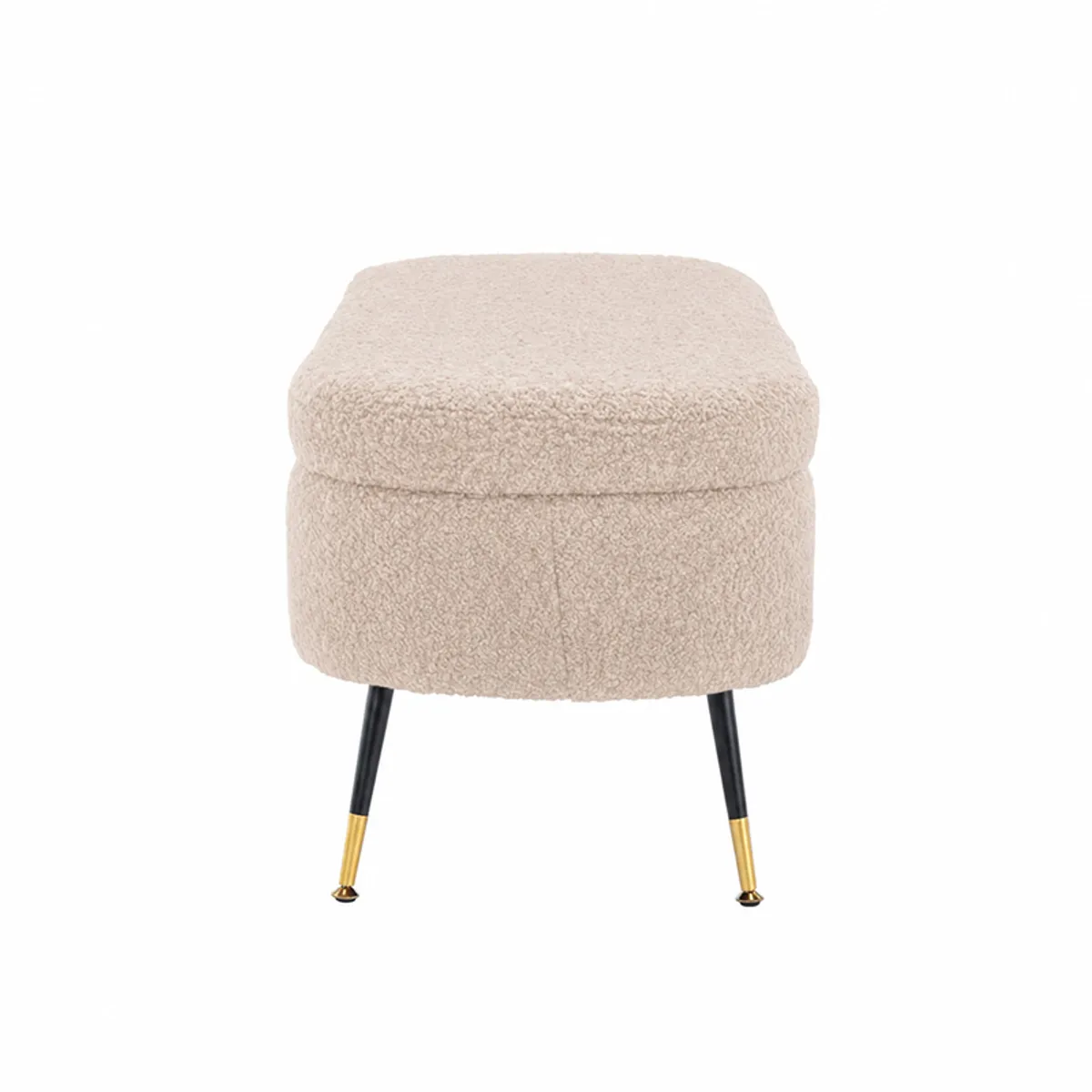 Side view of a beige bouclé bench with tapered black and gold-tipped legs