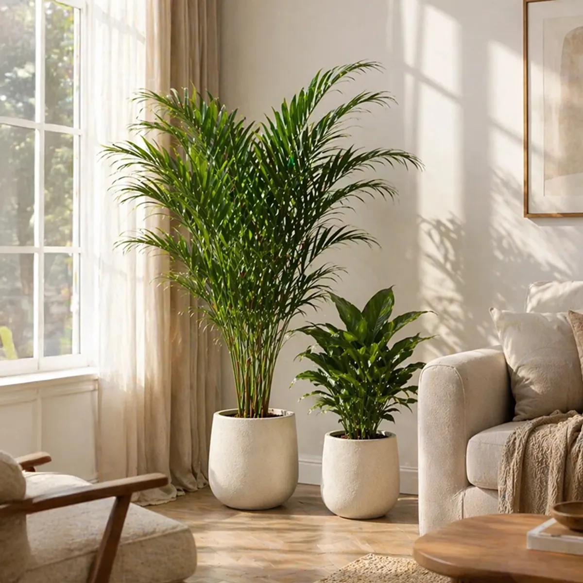 Pair of white cylindrical planters with green plants beside a sofa