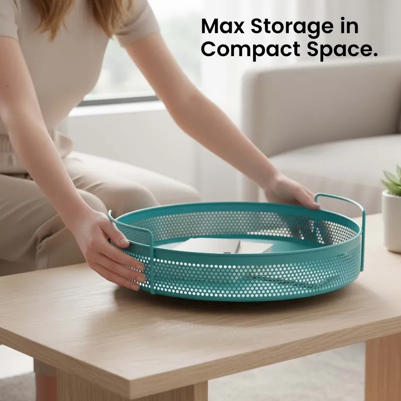 Blue round metal basket with handles placed on a table