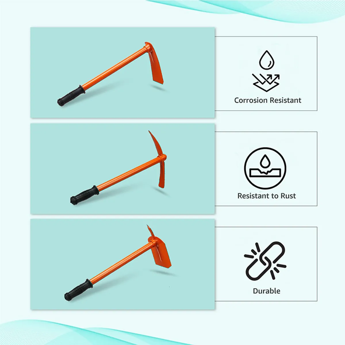 Three orange garden tools shown with corrosion-resistant and durable icons