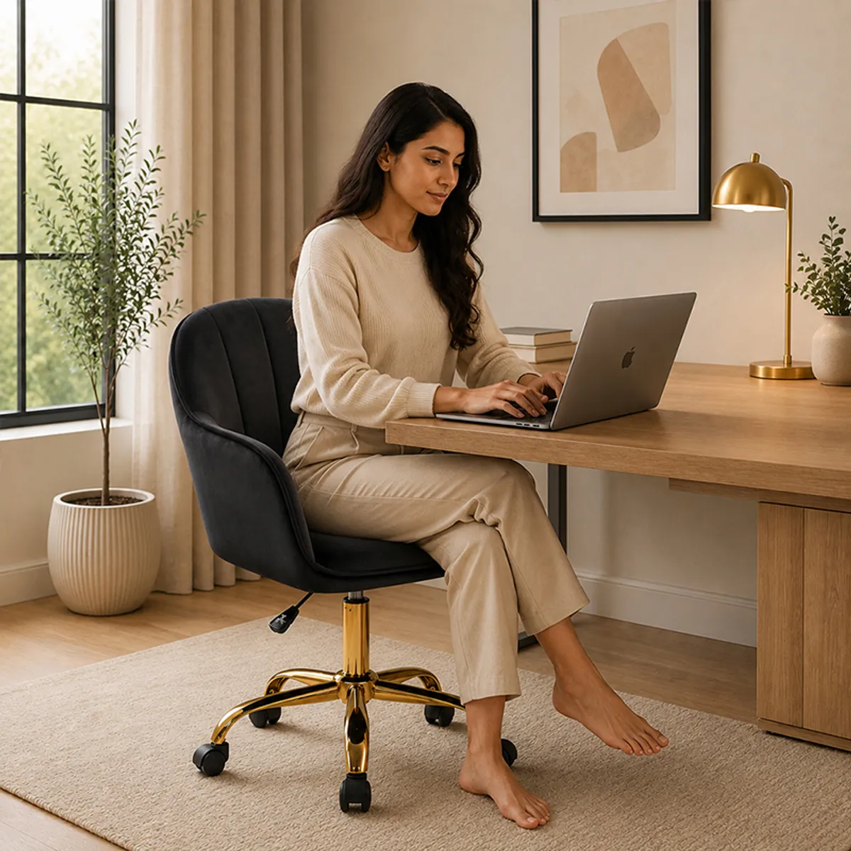 Black velvet office chair with gold five-star base and casters in a home office