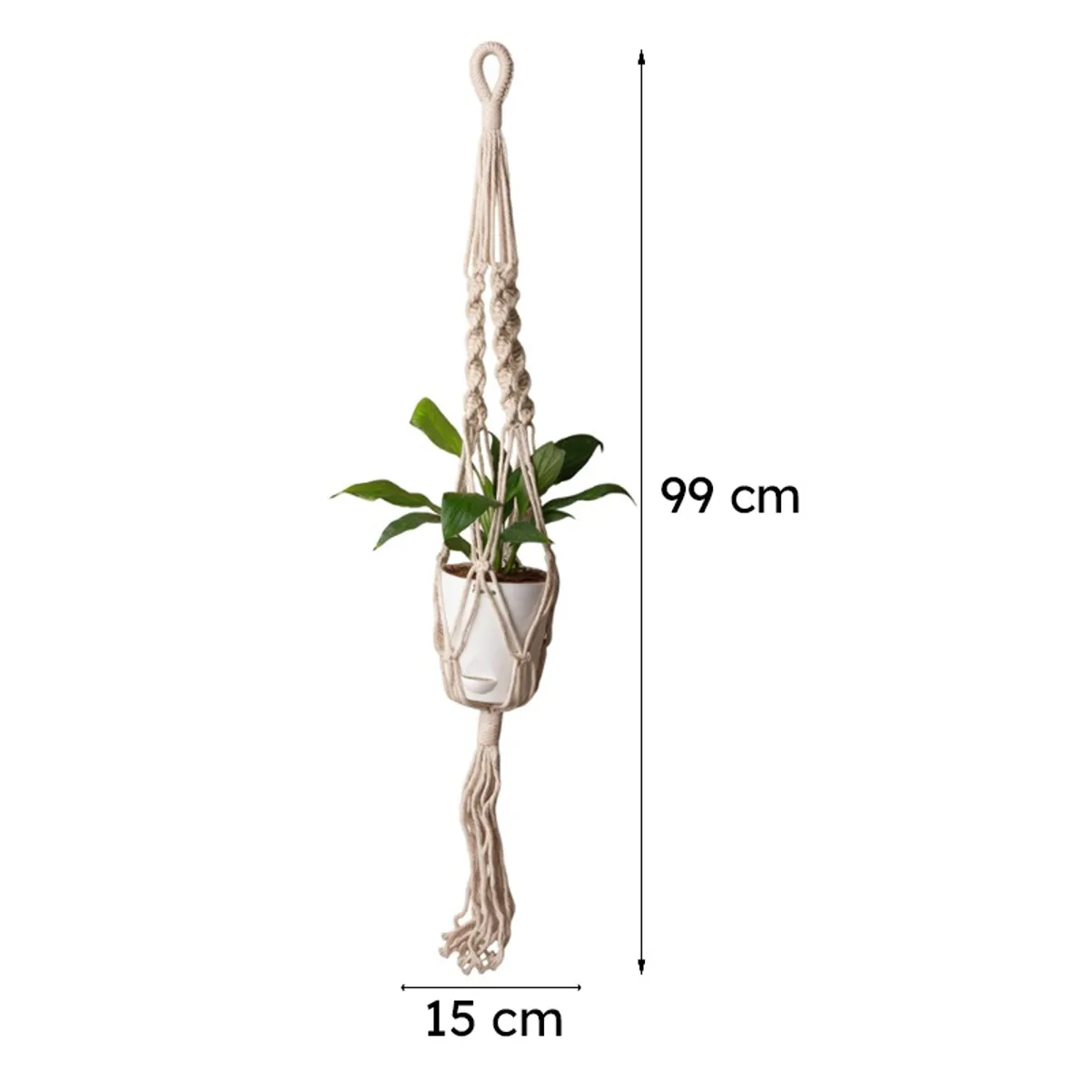 Cream macrame planter with plant shown with 99 cm height and 15 cm width