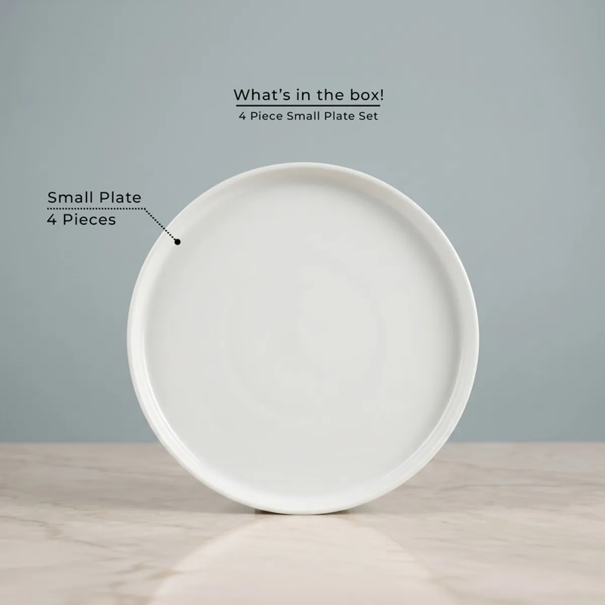 Single white round quarter plate shown front on against a pale blue backdrop