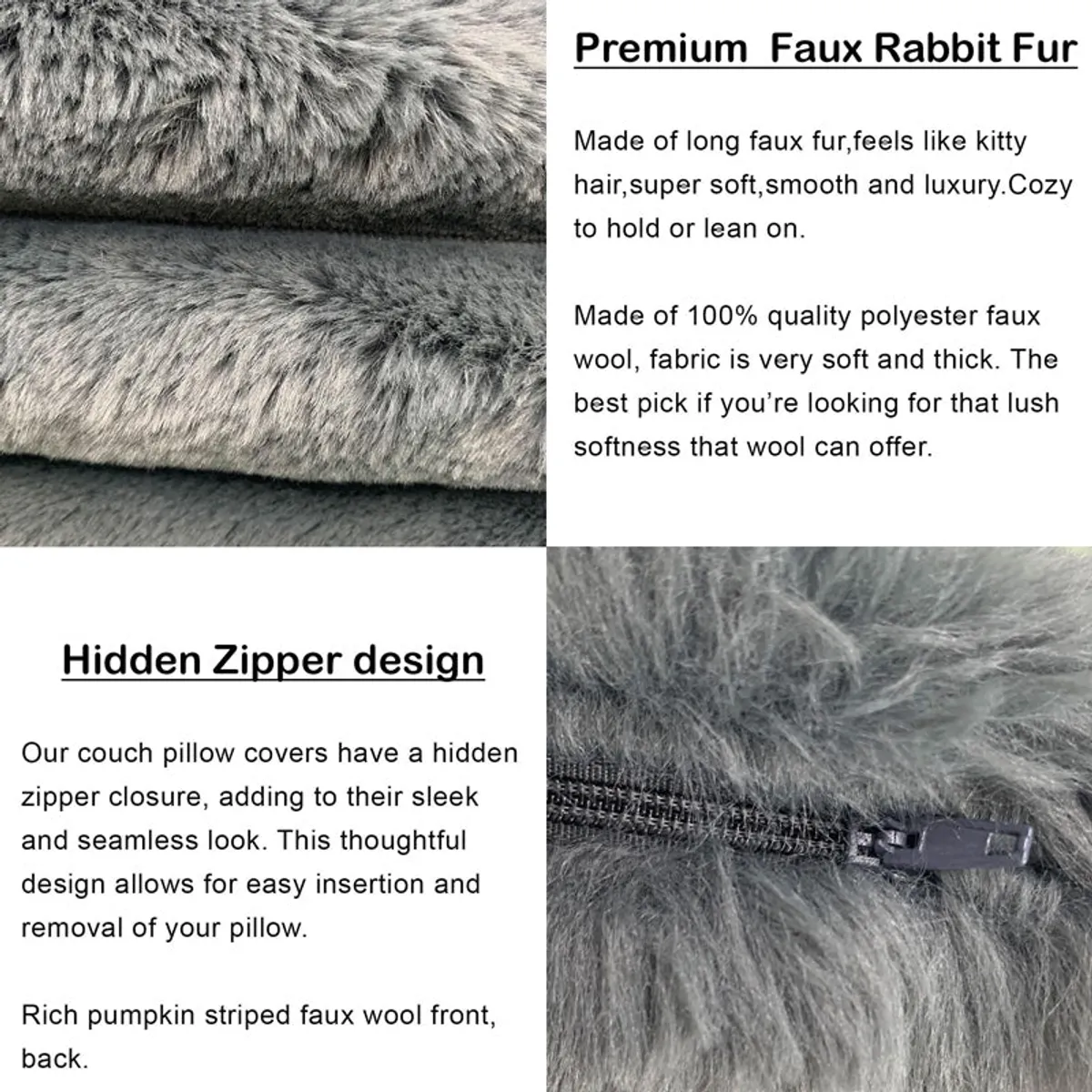 Close-up of the long faux-fur pile and grey layered texture