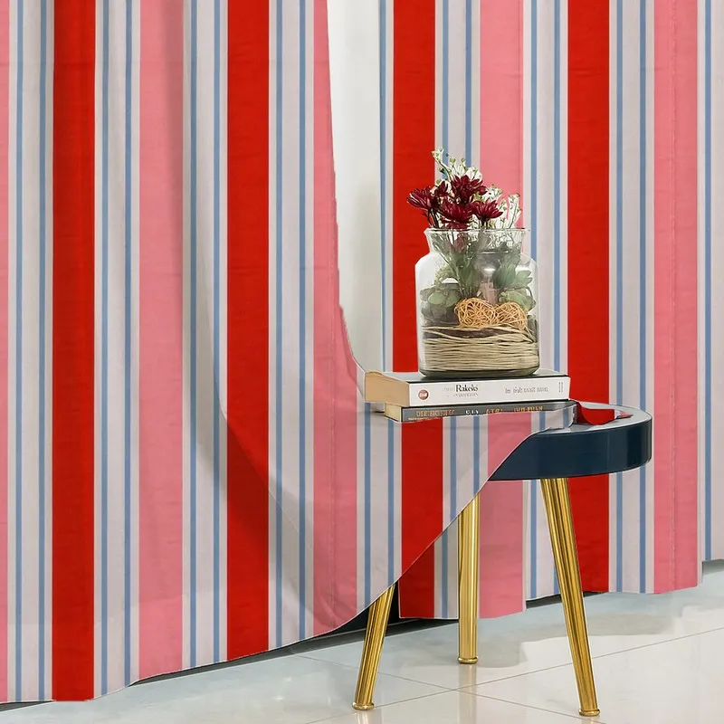 Red and Pink stripes 100% Cotton Room Darkening Curtains with Eyelet hanging, panel view