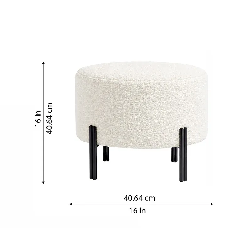 Off-white ottoman with black legs shown beside dimension arrows