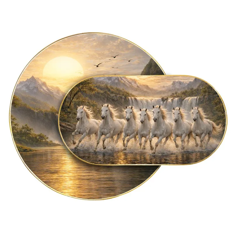 Overlapping circular and oval wall art showing seven white horses, a waterfall, mountains and a sunrise.