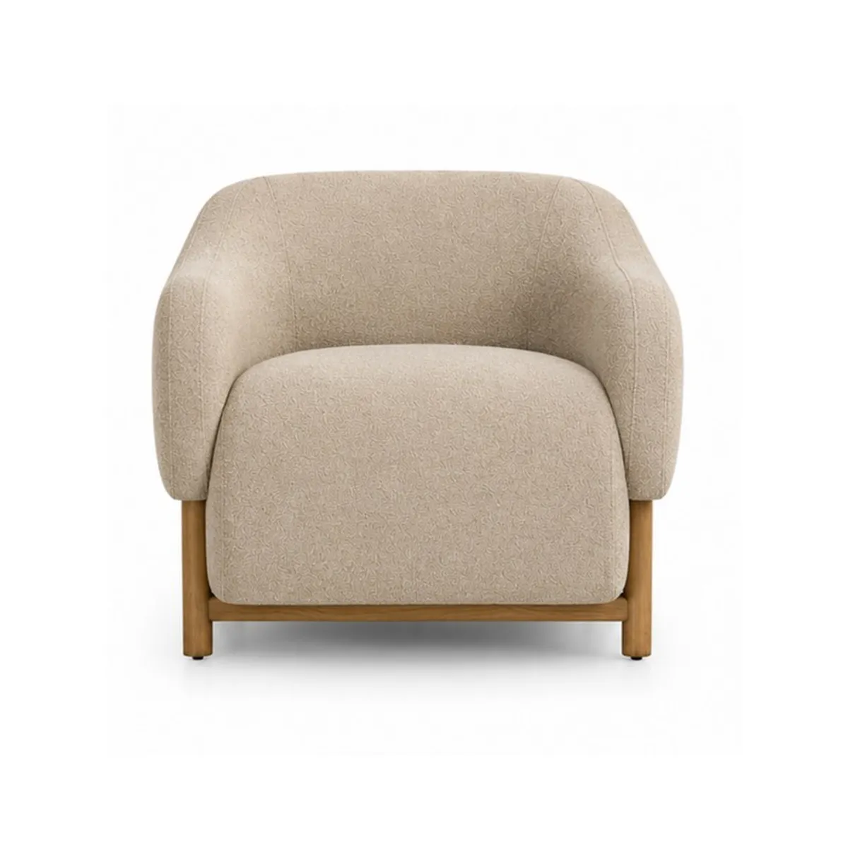 Front view of a beige upholstered accent chair with curved arms and wooden frame