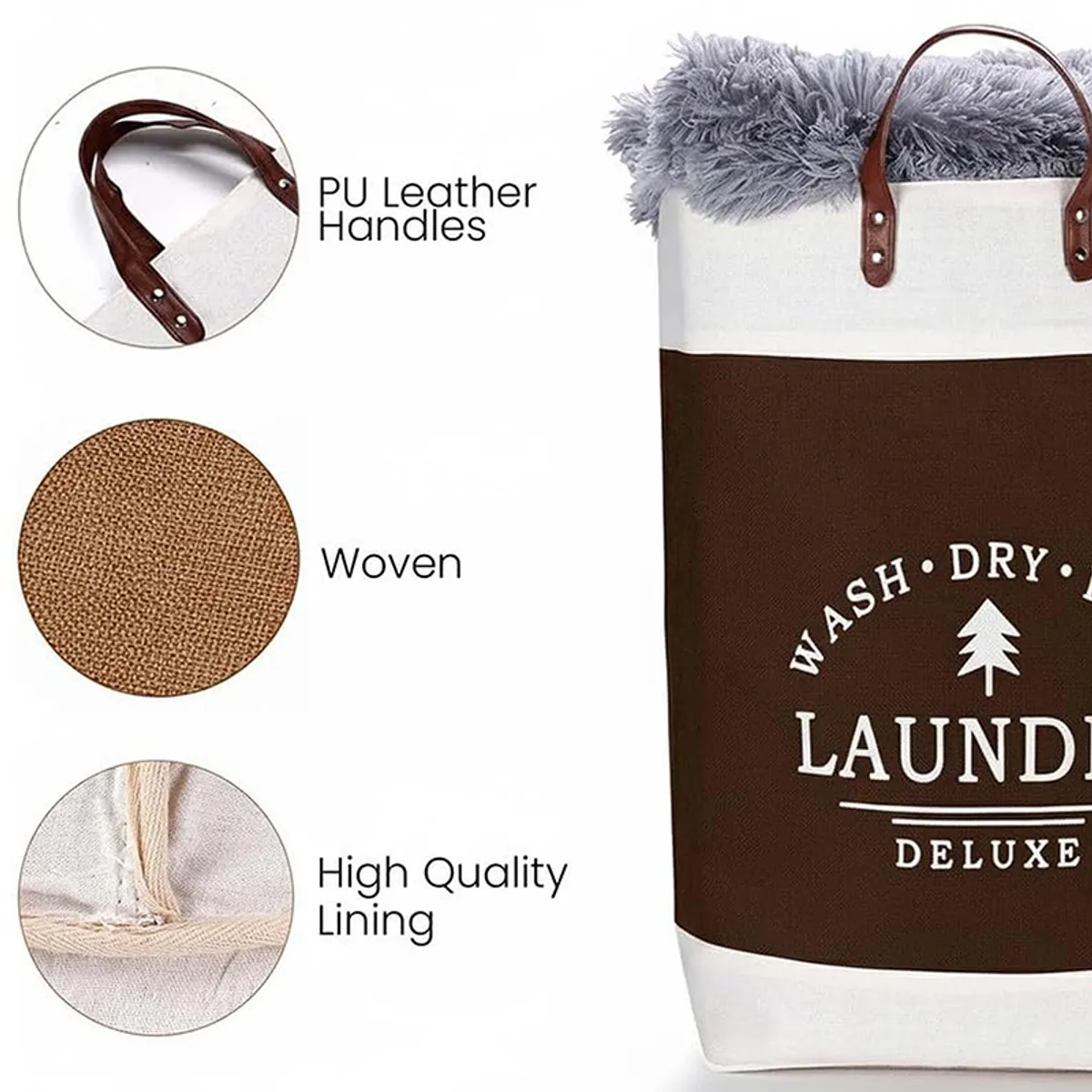 Brown and white woven basket with printed front and handle detail