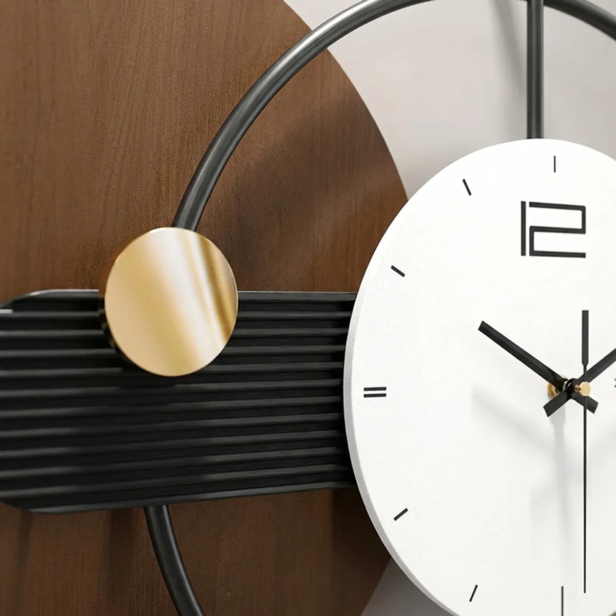 Close-up of the clock face and geometric metal details