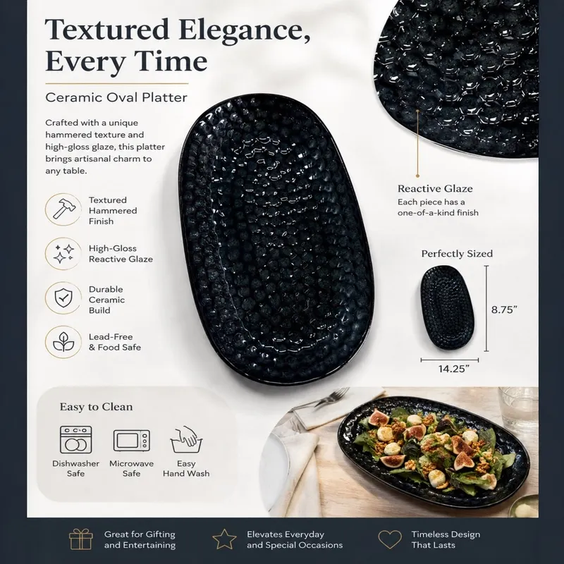 Dark blue textured oval platter shown with appetiser and salad serving ideas