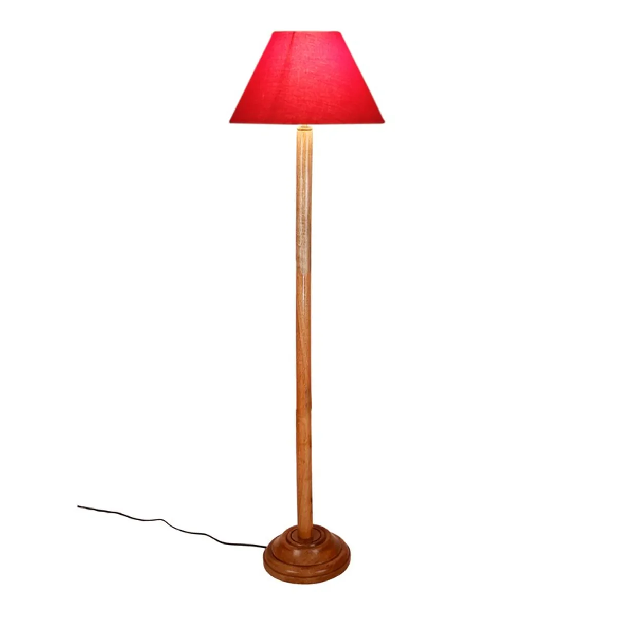Isolated wooden floor lamp with red conical shade on a white background