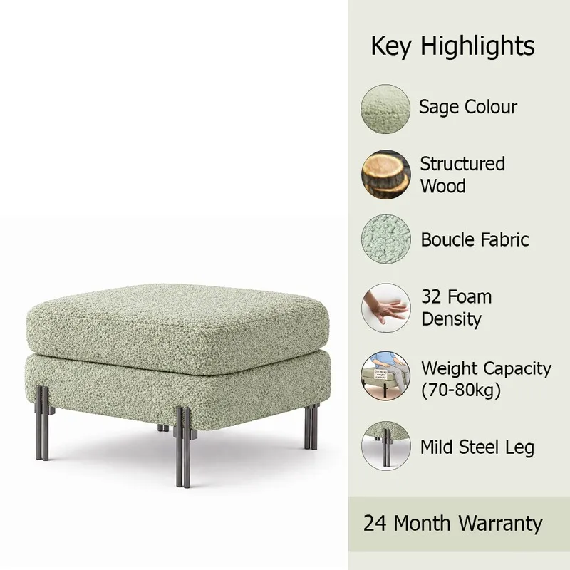 Sage-green bouclé ottoman shown with material and construction highlights