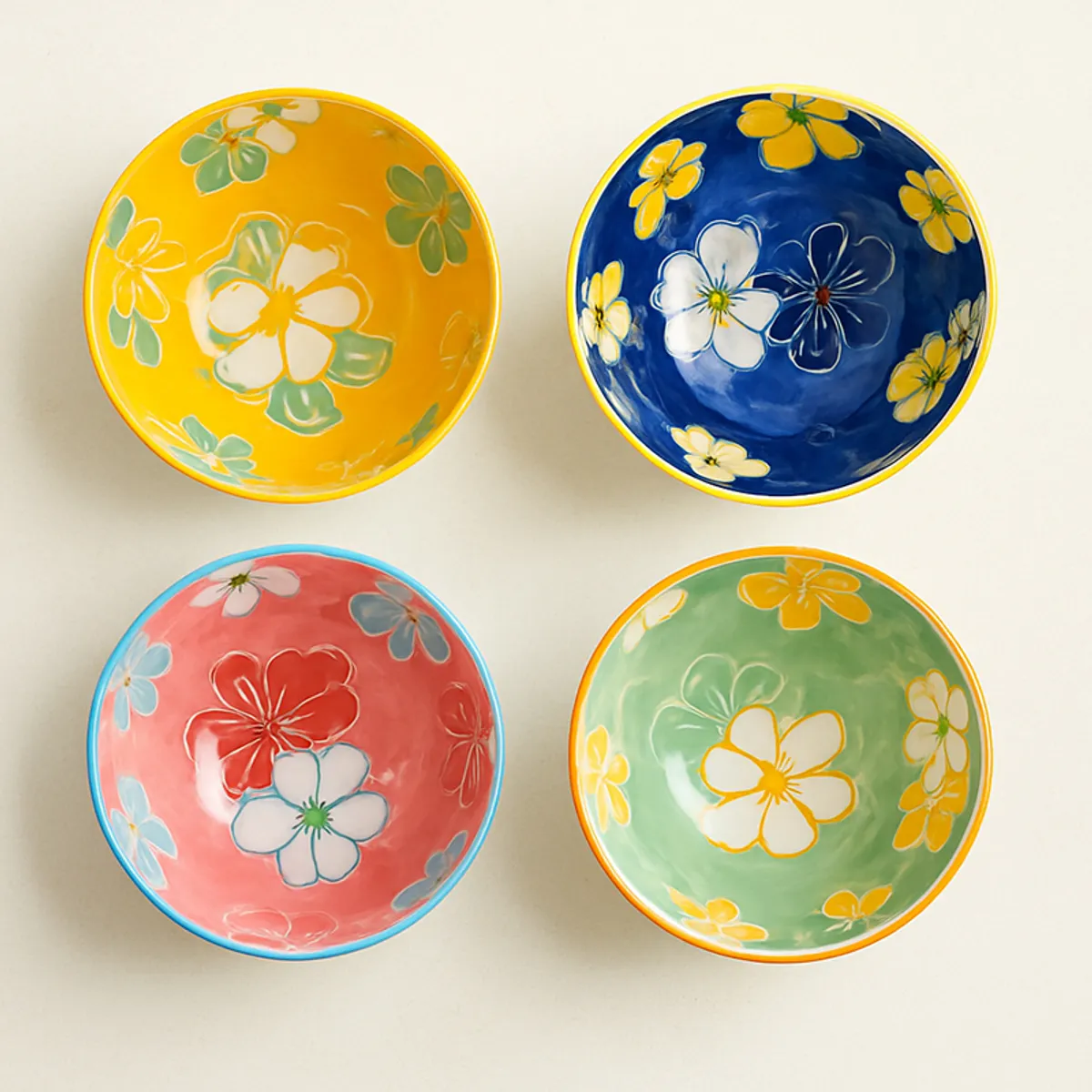 Top view of four bowls with yellow, blue, coral and green floral interiors