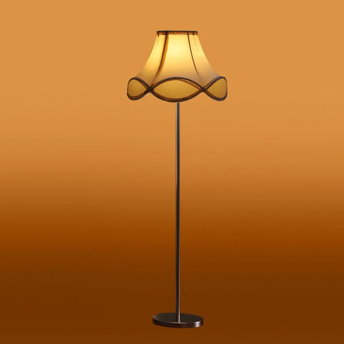 Glowing ivory wave floor lamp shown against a warm brown backdrop