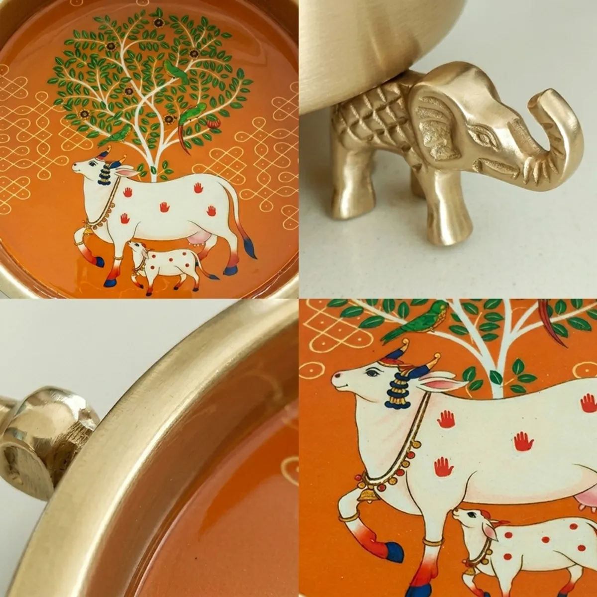 Close-up collage showing the urli artwork, glossy rim and elephant-shaped supports