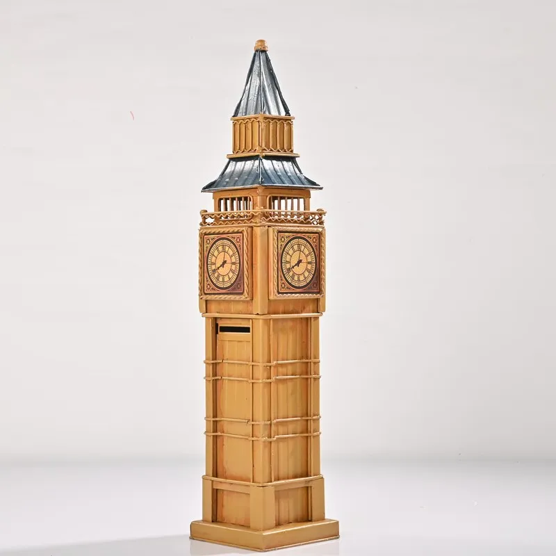 Full view of the retro clock tower showpiece against a plain background