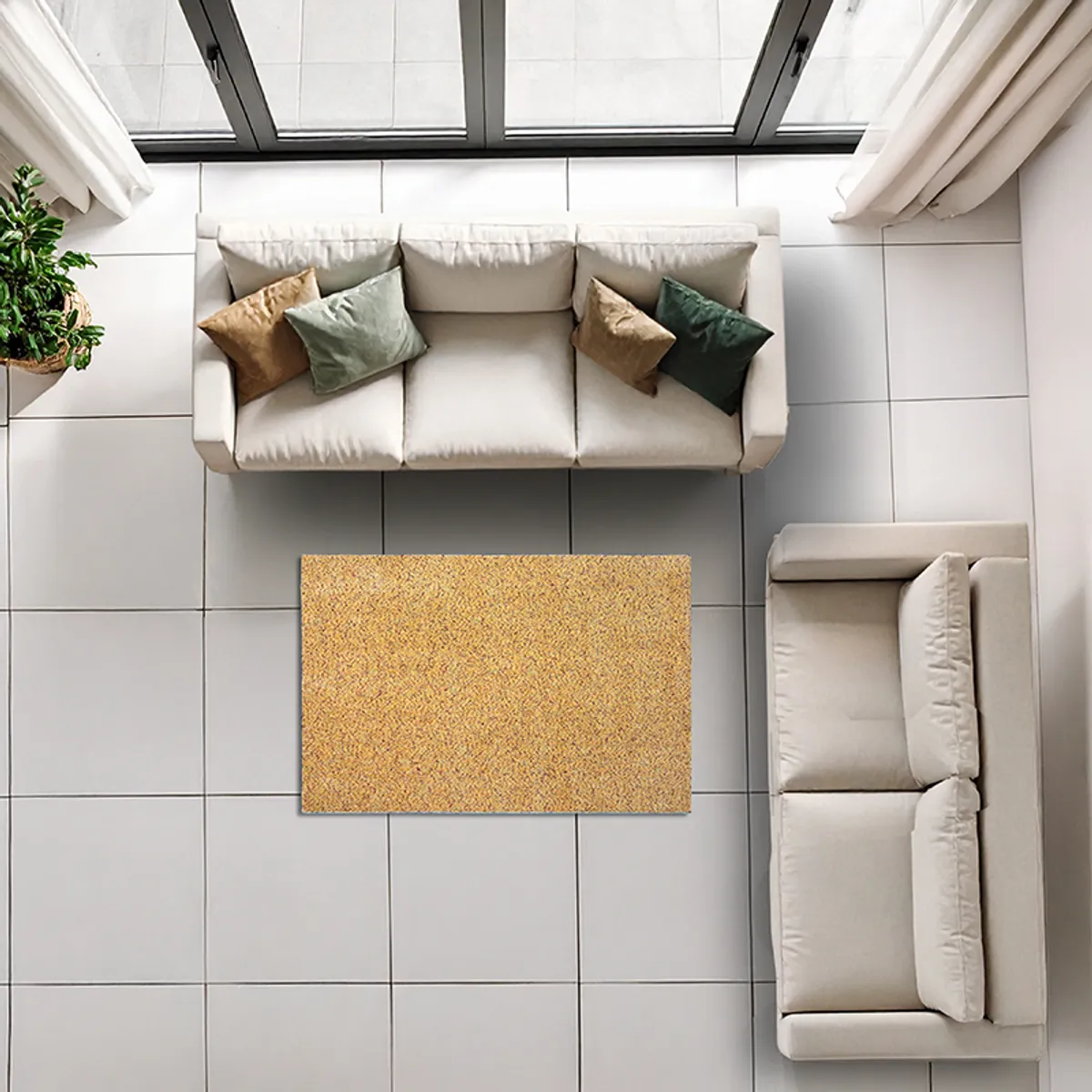Yellow flecked carpet styled in a living room, viewed from above