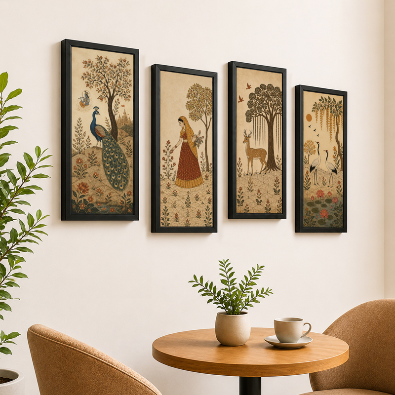 Traditional Indian Heritage Paper Wall Painting With Frame - Set of Four