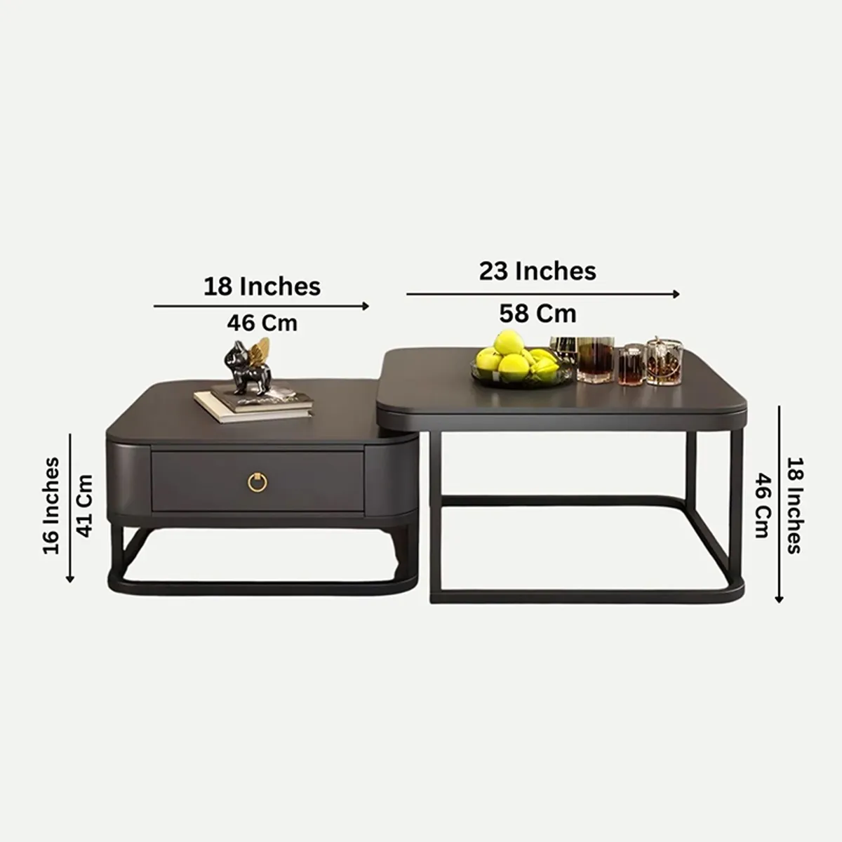 Two-piece accent table set shown with dimension markings