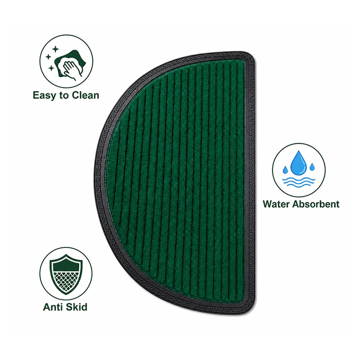 Green half-round door mat with ribbed texture and feature icons around it
