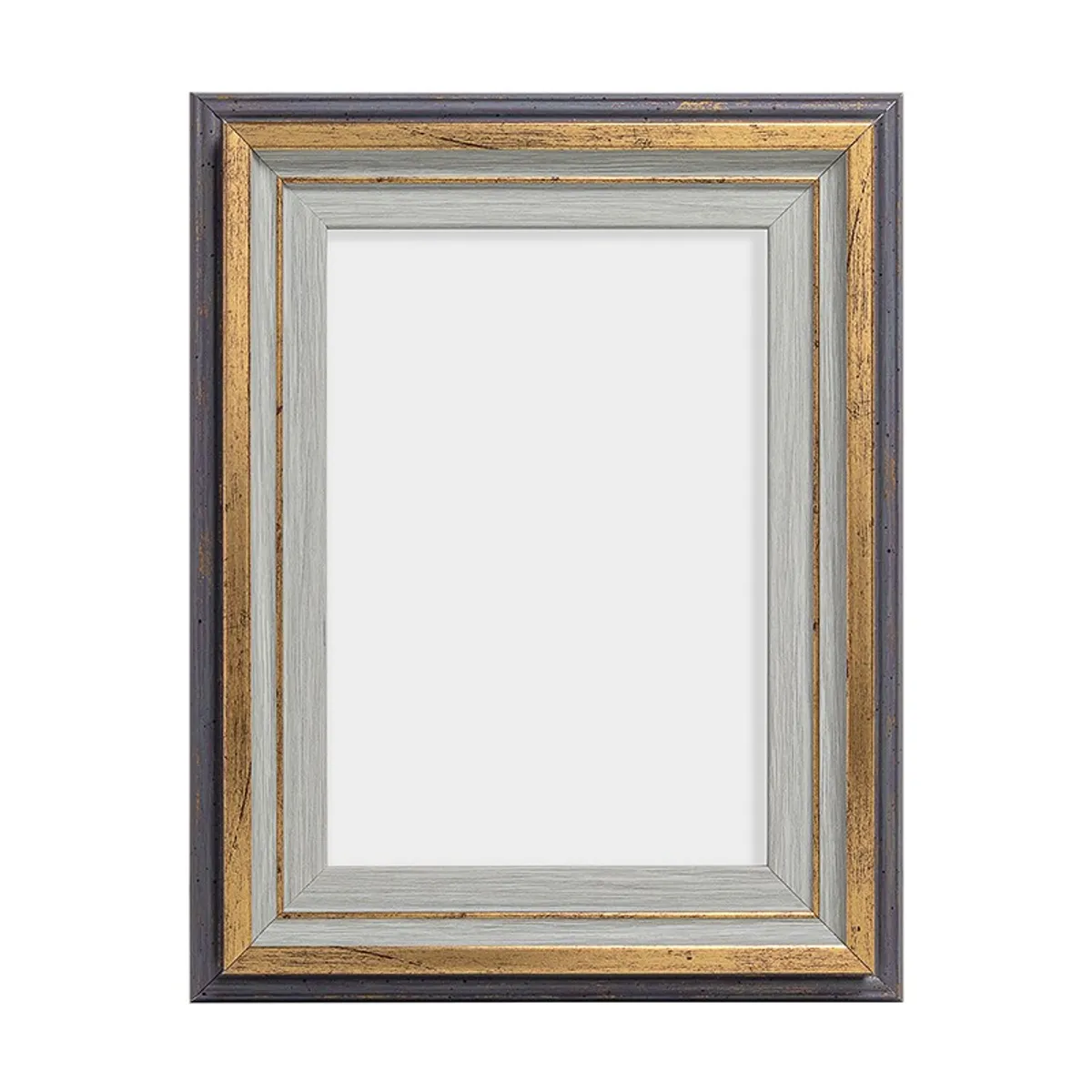 Front view of a rectangular gold and grey wood-textured photo frame