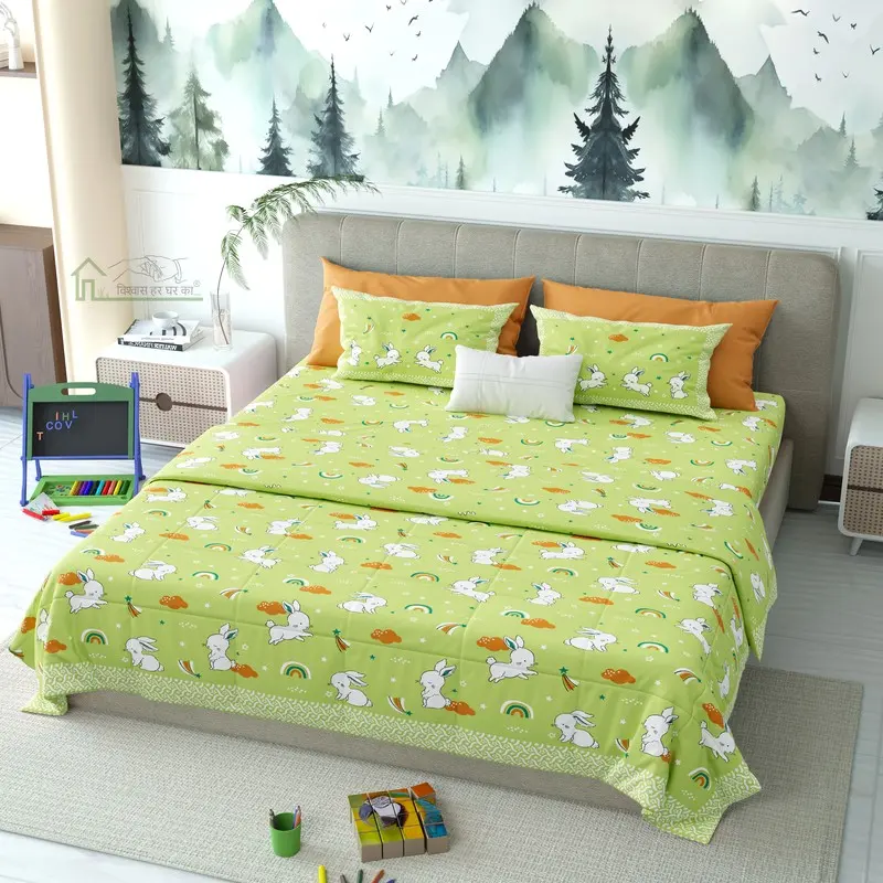 Bunnio Printed Cotton Kids Bedsheet (Green) - 120 TC
