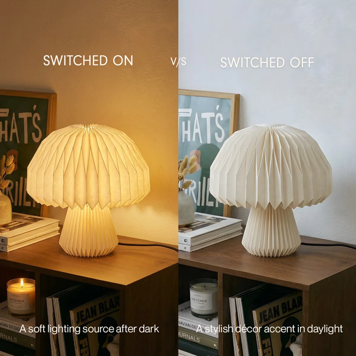 Pleated mushroom lamp shown switched on and off on a wooden console