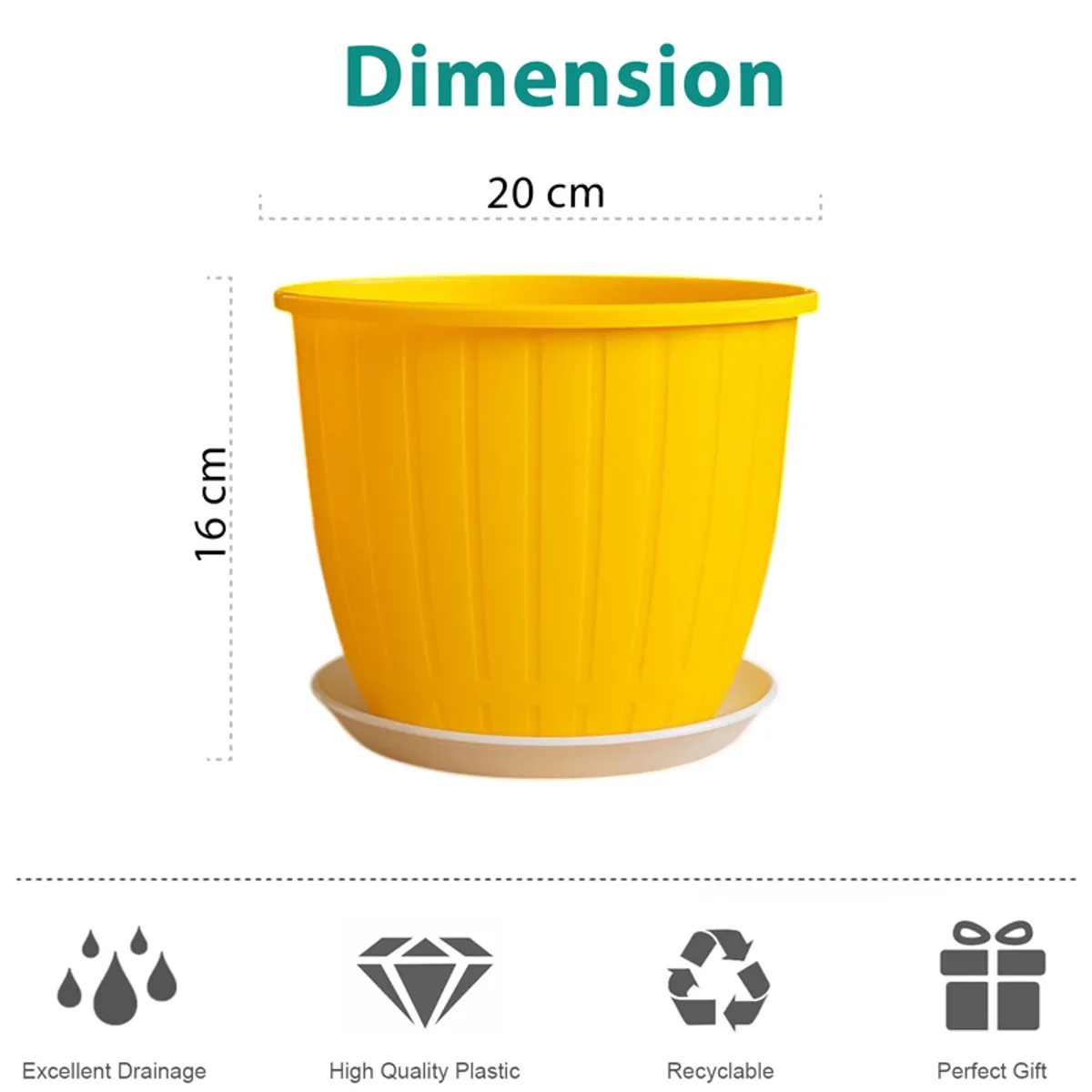 Yellow planter and white tray shown with measurement markings