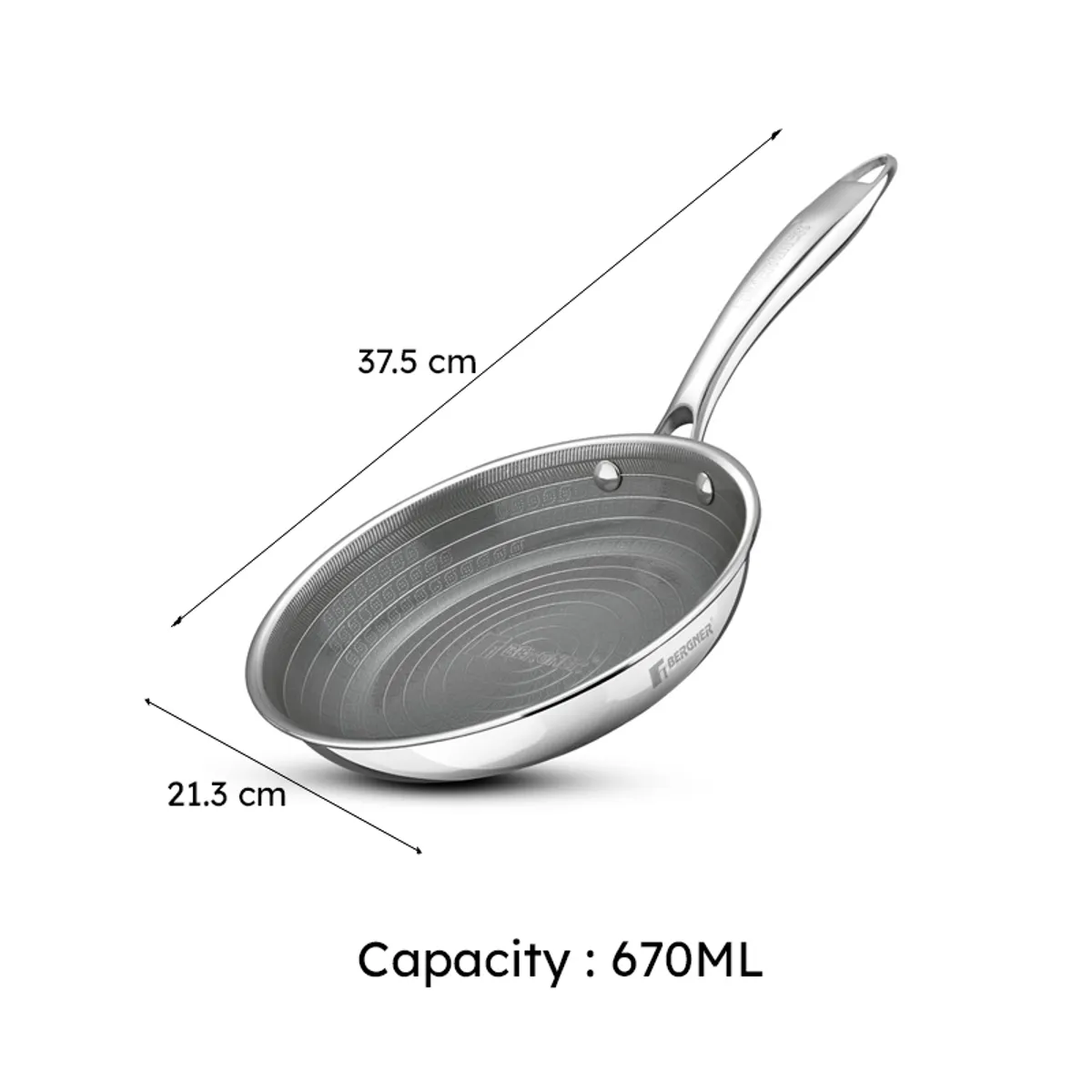 Silver frying pan shown with dimension markers on a white background