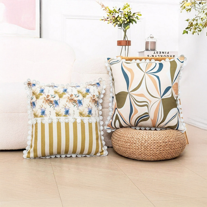 Striped Leafs Printed Cushion Covers - Set of Two - 16 x 16 Inches