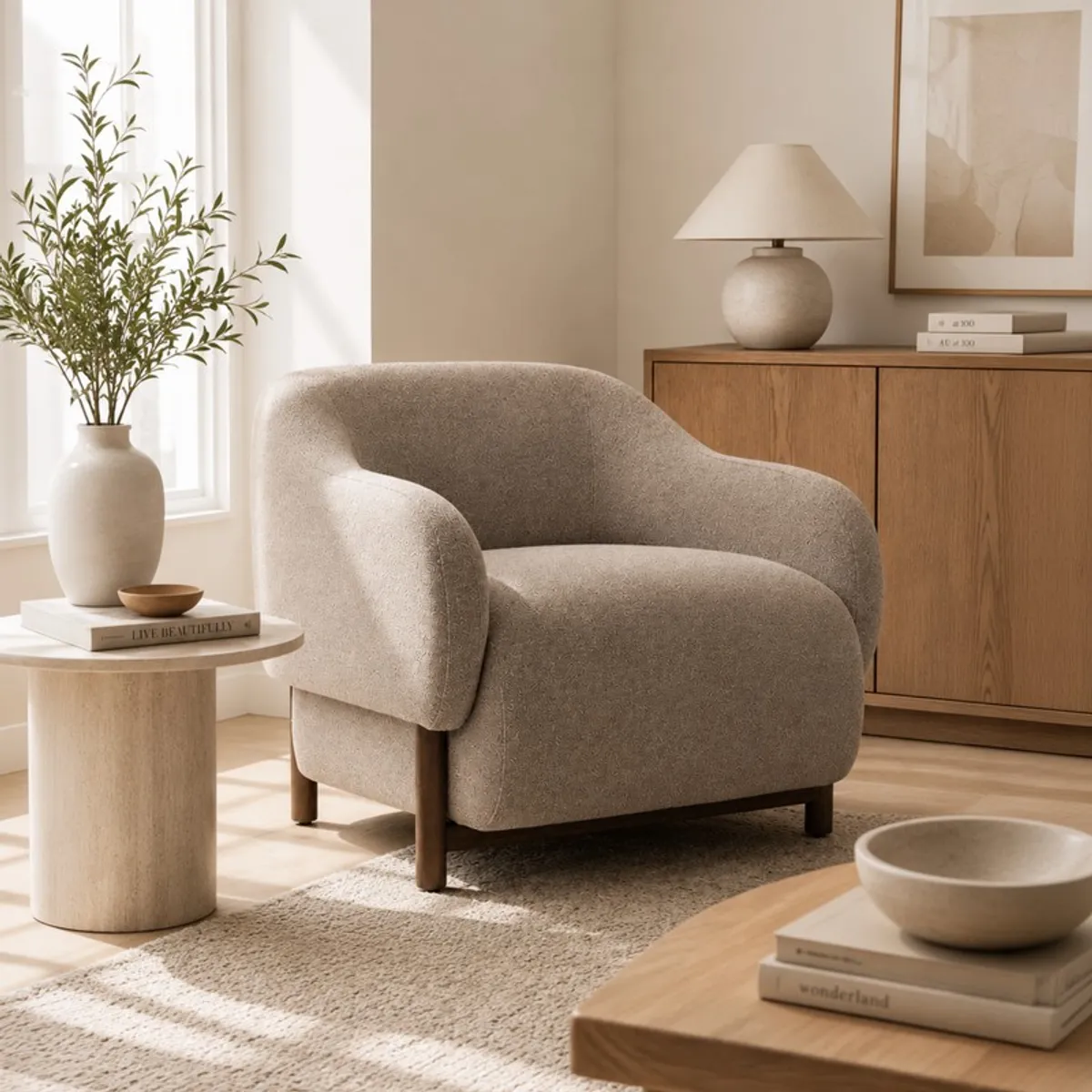 Beige upholstered accent chair with curved arms beside a wooden sideboard