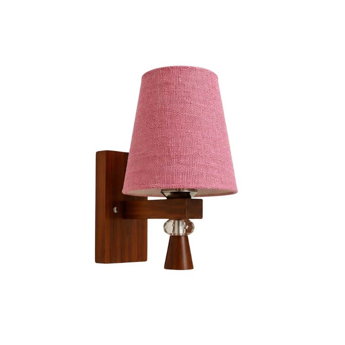 Front view of a pink shade and wooden wall lamp with decorative lower detail