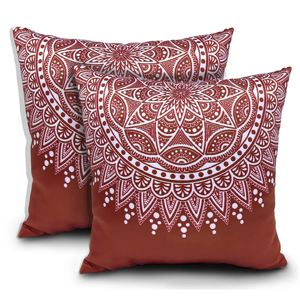 Two maroon square cushion covers with white mandala designs on a white background