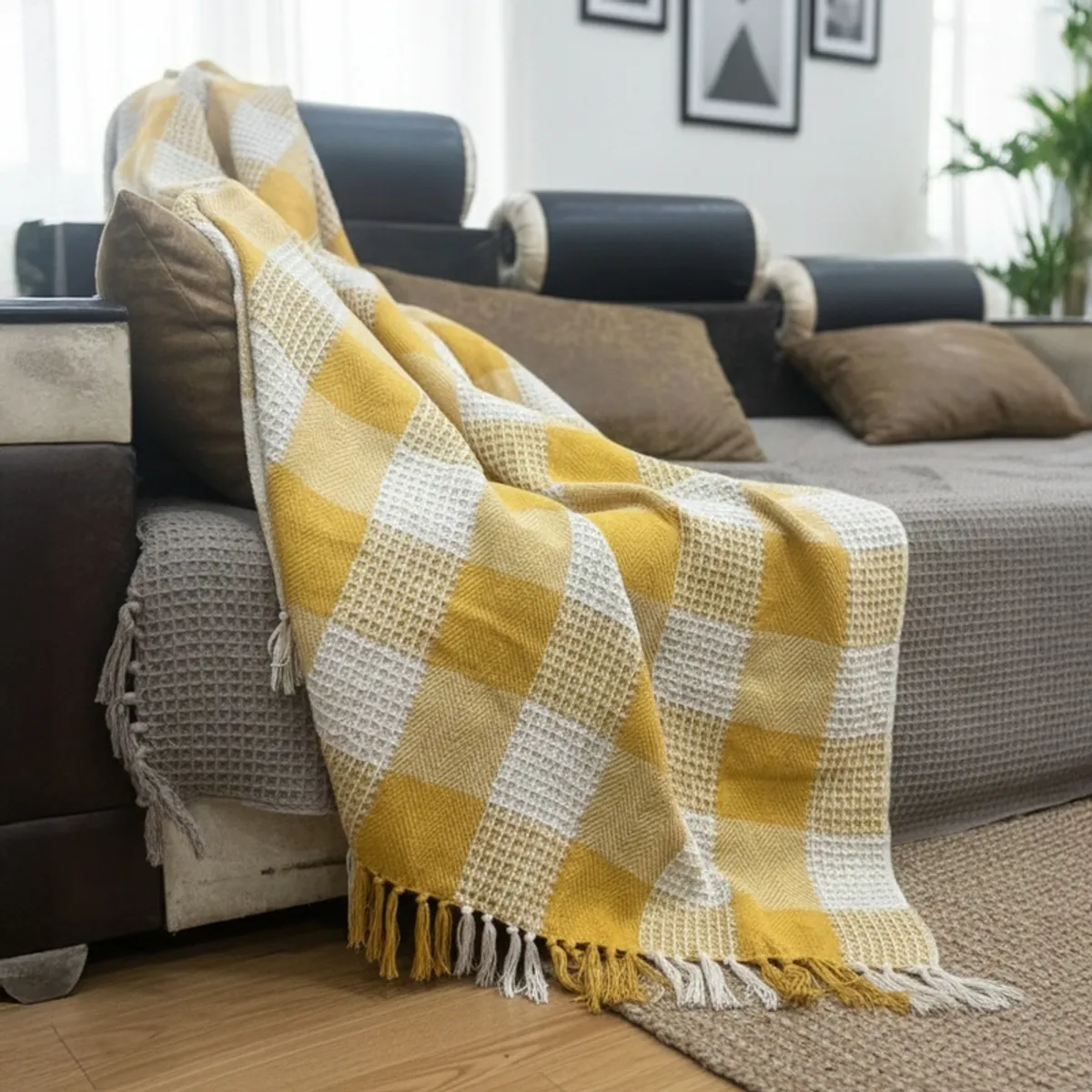 Yellow and white throw styled over a dark sofa